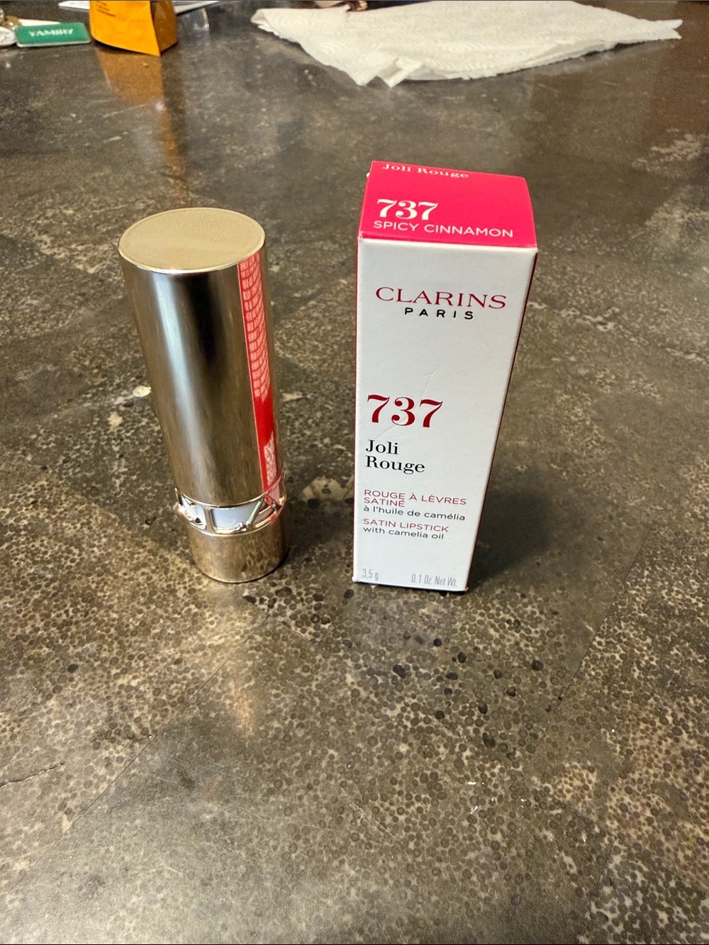 NEW/ UNUSED Clarins Joli Rouge Satin Lipstick 737 Spicy Cinnamon - Red & Gold